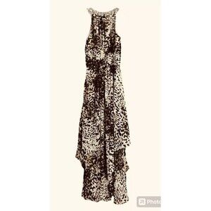 Eliza J Chiffon Leopard Tiered Maxi Dress Beaded Halter Beck Gown Size 2